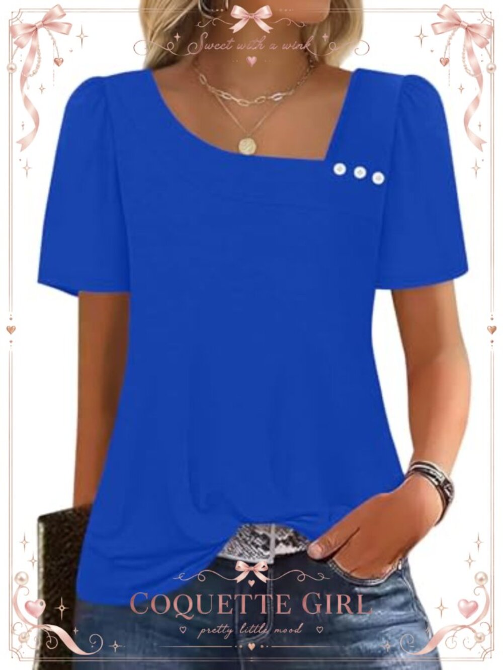 Womens Square Neck Puff Sleeve T-Shirt Loose Fit Casual Summer Top
